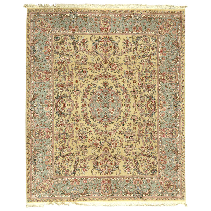 Hand Knotted Wool Oriental Area Rug in Gold And Light Green