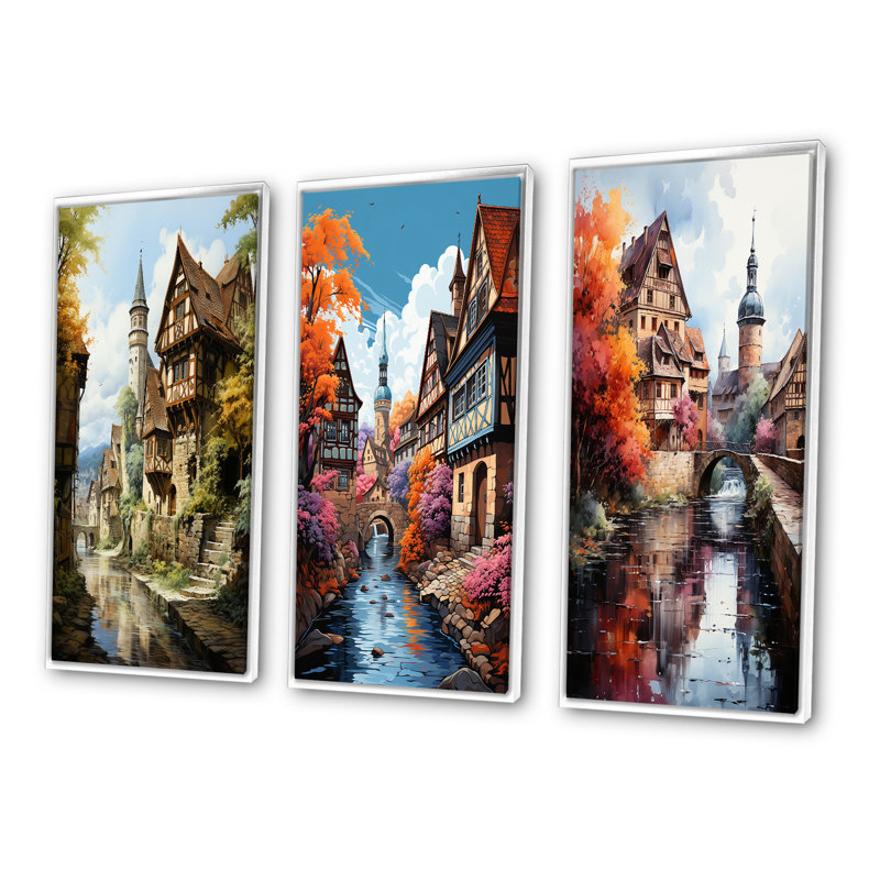 «Allemagne Bavarian Charm», 3 pièces sur toile, Cadre blanc, H 40 po x l 60 po