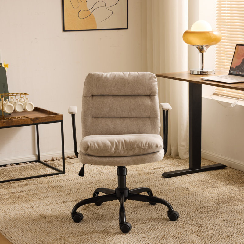 24.4 Inch Upholstered Swivel Office Chair With Leg Pegs And Wheels, Beige