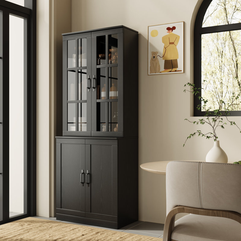Garde-manger 71 po x l 23,6 po avec bibliothèques et huche de porte en verre, Noir