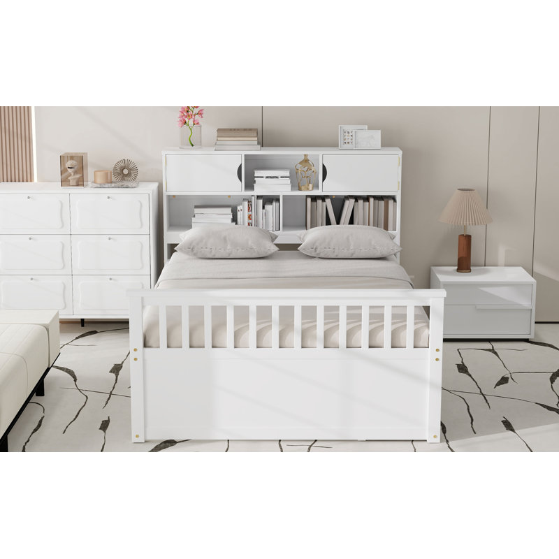 Structure de lit plateforme double / double avec bibliothèques de rangement et tablettes, quatre tiroirs, gris, Blanc