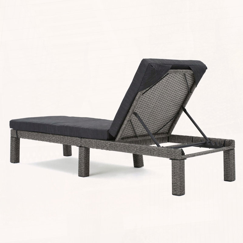 Puerta KD Chaise Lounge, Handwoven Rattan Outdoor Recliner with Water-Repellent Cushion, Dark Gray Cushion/Black Frame