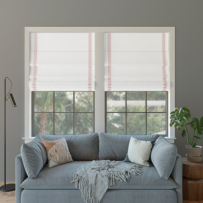 Sun Zero Hailey Pink Ribbon Border 100% Blackout Cordless Single Roman Shade, 35"W x 64"L