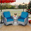 Ensemble 3 pièces de chaises pivotantes en osier avec table d'appoint, bleu et gris