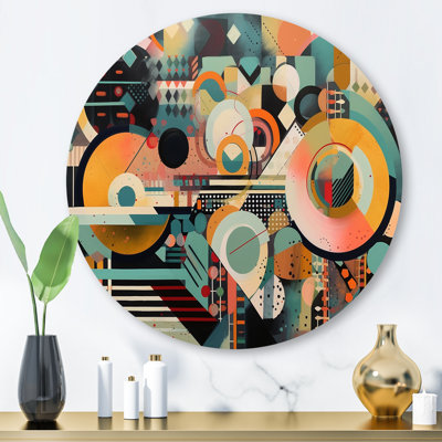 «Blue and Orange Retro Boundaries I», art mural rond géométrique abstrait sur métal