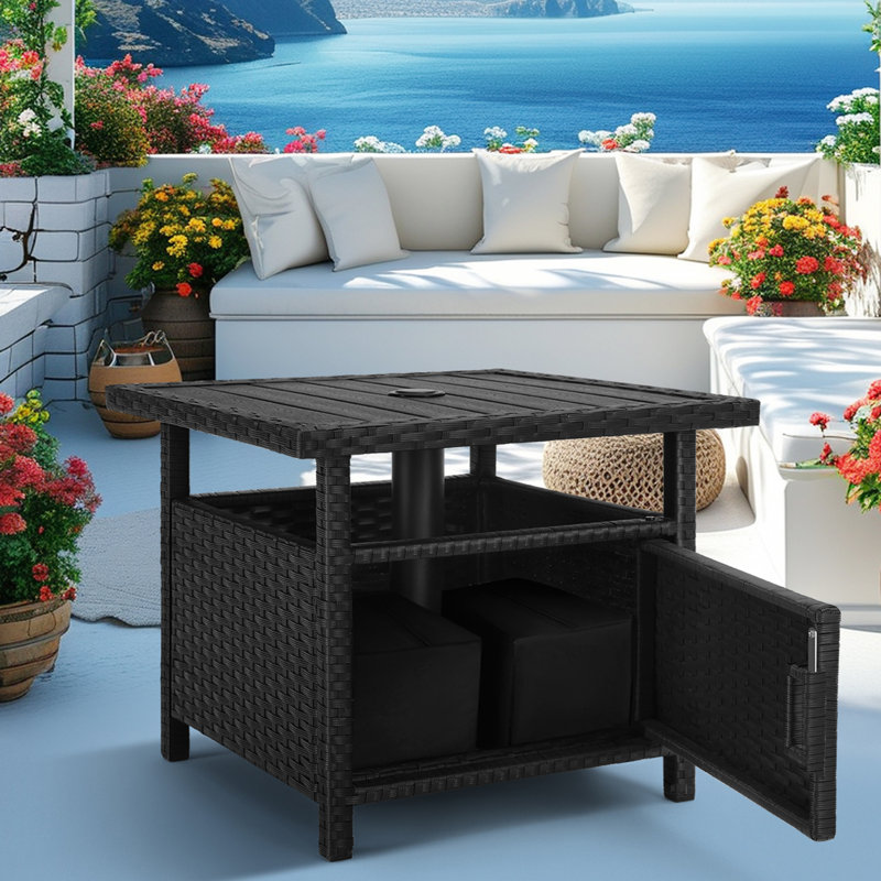 Umbrella Table With 2 Weight Bags Outdoor Patio Umbrella Side Table With Umbrella Hole Small Black Wicker End Table For Outside Storage Coffee Table With Poly Lumber Top For Pool Garden Balcony Deck
