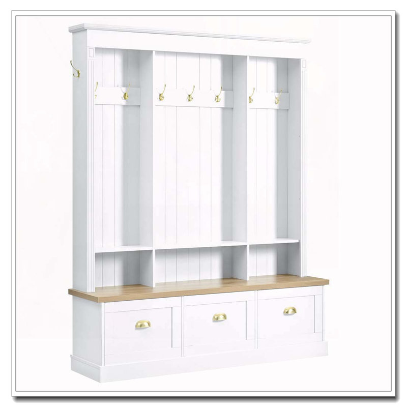 Elegant APP Controlled LED Light Hall Tree with 9 Hooks, Roman Column Design Natural Storage Bench with 3 Large Cabinets