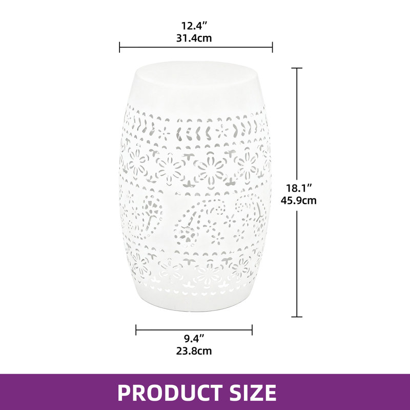 Table d'appoint en métal 18 po H avec découpe en dentelle, table basse tambour / support à fleurs, résistant aux intempéries, floral blanc brillant
