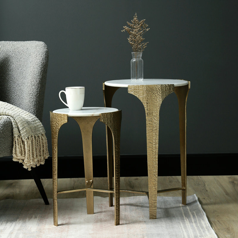 Marble Top Round Nesting End Table for Living Room Furniture, Gold Metal Nest of Side Tables