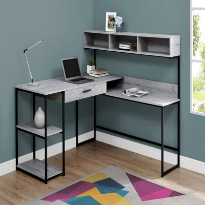 Bureau d'ordinateur, bureau personnel, coin, tiroirs de rangement, forme de L, bureau, ordinateur portable, stratifié gris, métal noir, contemporain, moderne