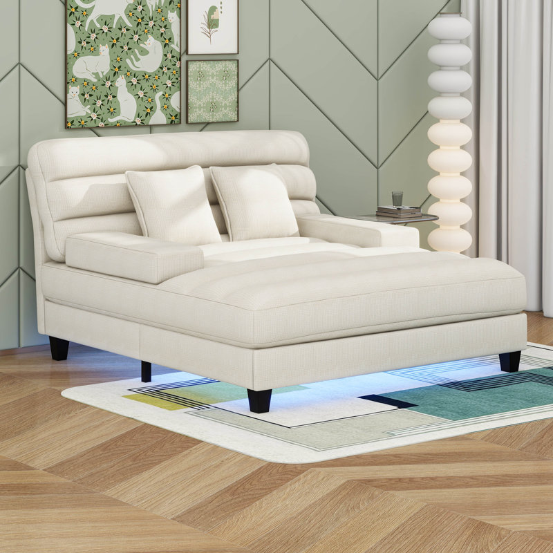 Méridienne moderne avec bande lumineuse à DEL RVB, revêtement en chenille et méridienne, Beige