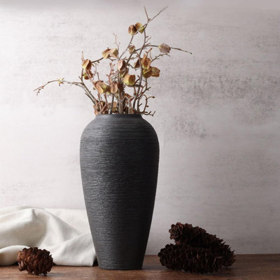 Vase à fleurs rustique rustique - grand vase en céramique noire de 13,4 pouces pour un décor de ferme moderne, pièce maîtresse, table de salle à manger, vestibule, salon