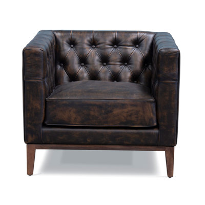 33" Brown Antiqued Top Grain Leather Tufted Club Chair