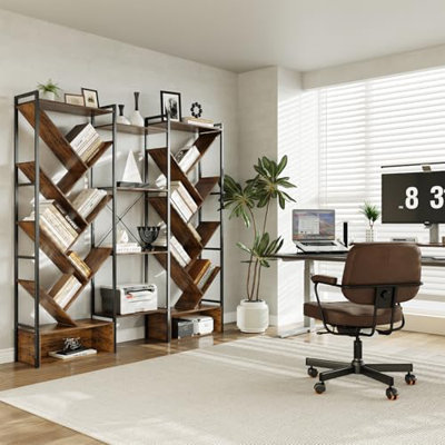 Triple 6 Tier Bookshelf, Large Bookcase Industrial Bookshelf with 24 Open Display Shelves, Industrial Tree Bookshelf