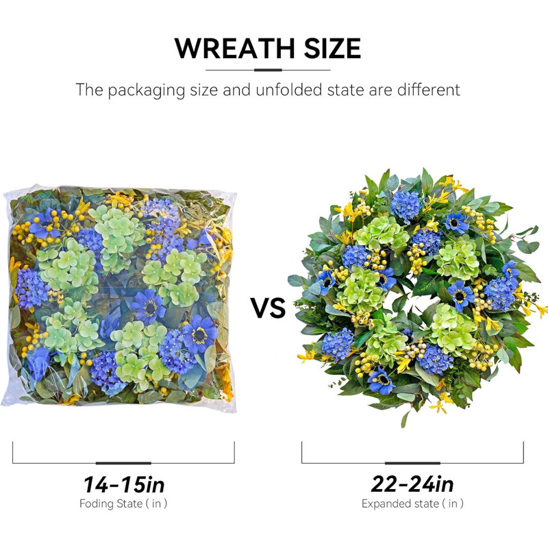 Couronne de printemps pour porte d'été 24 pouces avec hortensia bleu Gerbera et marguerite réalistes
