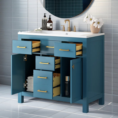 Meuble-lavabo simple 36 po avec 4 tiroirs et 2 armoires, armoire de rangement pour la salle de bain, meuble-lavabo avec cadre en bois massif seulement (meuble-lavabo inclus)