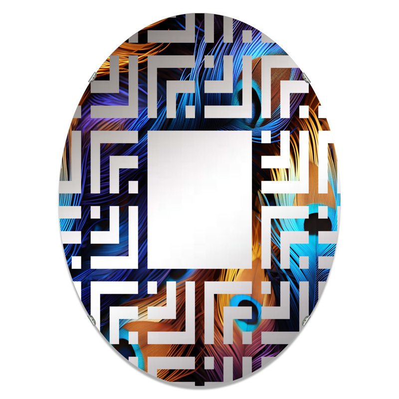 Miroir décoratif bleu et mauve vibrant plume de paon I - labyrinthe | Ovale, 29,5 po x 19,6 po