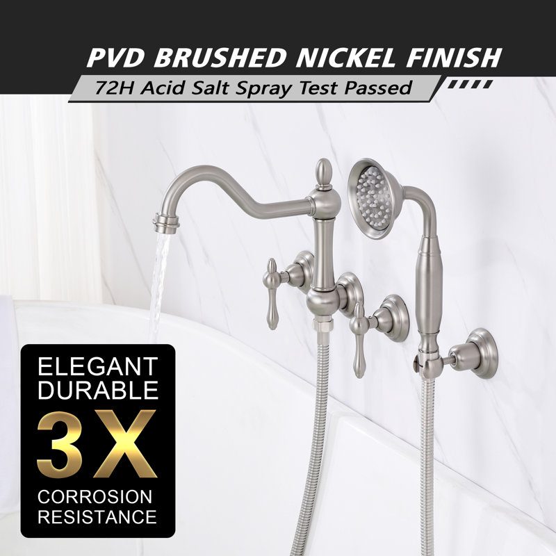 SUMERAIN Brushed Nickel Wall Mounted Bathtub Faucet, 4 Hole Tub Filler with Handheld Shower, 8 Inches Center High Flow