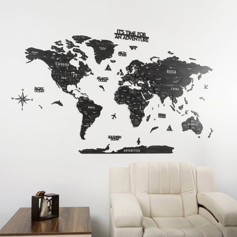 Carte du monde 3D en bois, art mural - Conception multicouche faite à la main, H 31,5 po x l 59,1 po x P 1 po, Tuana