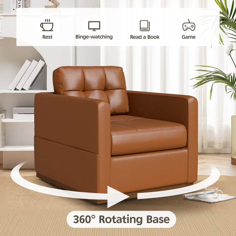 34.3″ Wide Leather Swivel Armchair With Wood Base, Brown