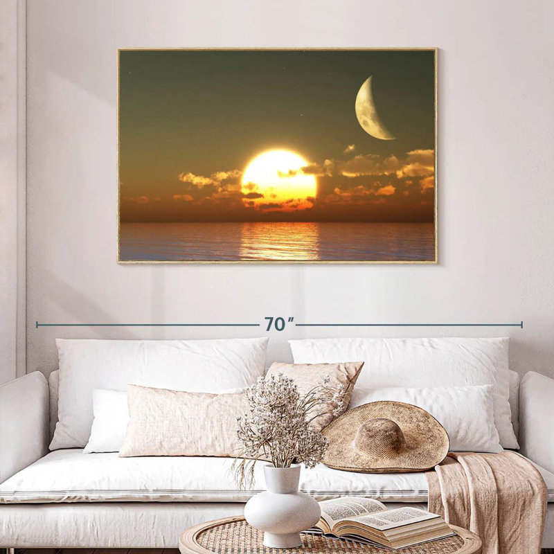 Coucher de soleil sur la lune, Cadre flottant en bois naturel, 46 po x 31 po