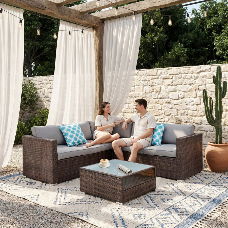 Fardin 5-Person Patio Wicker Sectional Seating Group with Cushions, Gray