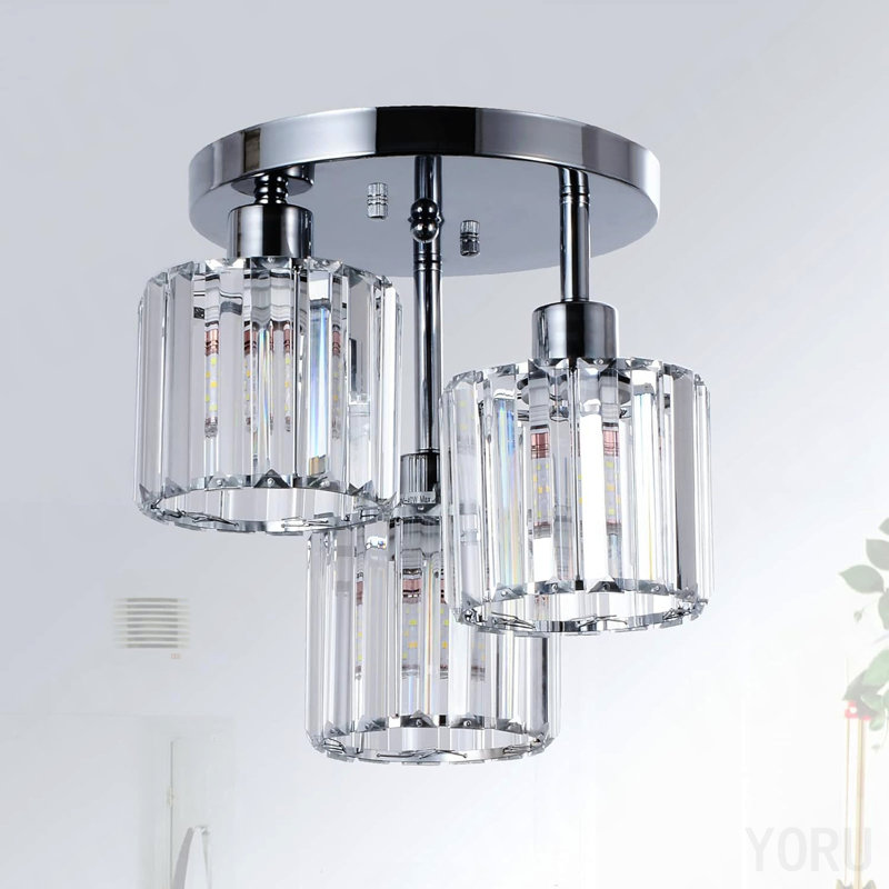 Plafonnier semi-encastré, plafonnier de cuisine à 3 lumières, plafonniers avec abat-jour en cristal transparent pour vestibule de salle de bain de chambre à coucher d'entrée de cuisine