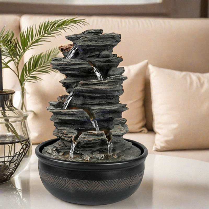 Tabletop Cascading Rock Water Fountain With Led Lights & Pump, 4 Tier Desktop Waterfall Fountains, Relax Meditation Decor For Home, Office, Bedroom & House Warming Gift Idea