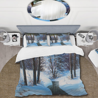 Forêt de Noël avec rivière et arbres III - Ensemble de housse de couette traditionnel - Microfibre de polyester