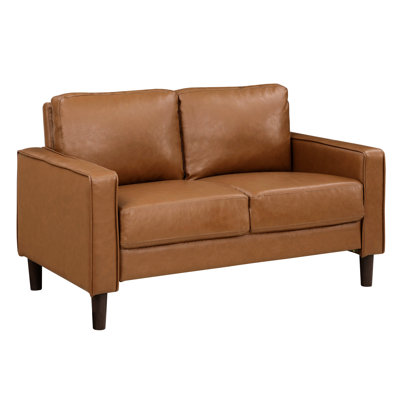 Causeuse contemporaine en similicuir brun avec revêtement en bois exposé, siège moderne d'une capacité de 300 lb avec sièges confortables, solide et contreplaqué, profondeur de 54 po