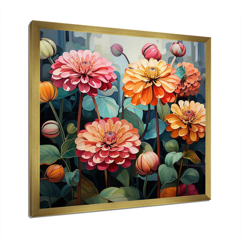 "Binn Zinnias fleurs" - impression sur toile Zinnias, Cadre doré simple, H 36 po x l 36 po x P 1,5 po