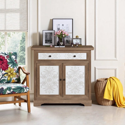 ?34.6" Rustic Vintage Accent Cabinet - Farmhouse Storage with Carved Floral Panels & Distressed Finish? by Ophelia & Co.