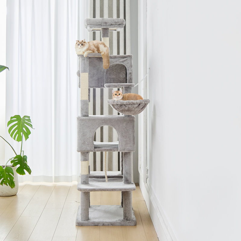 66'' H Cat Tree with Perch, Condo, Hammock, Basket and Scratching Post, Light Grey