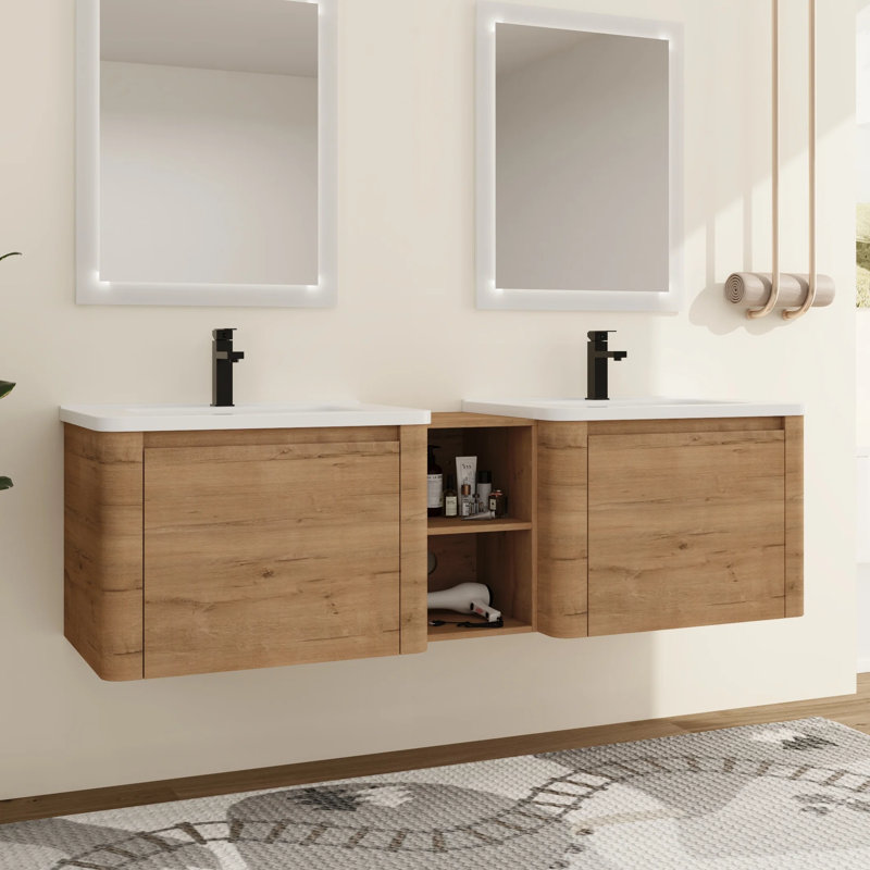 Ensemble de meuble-lavabo double 68 po avec plateau en céramique Narnby, Beige, 68"