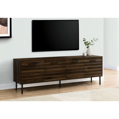 72" Tv Stand In Brown, Laminate Surface With Metal Legs And Entertainment Storage Solution Transitional Console, Brown Accents Adjustable Shelves