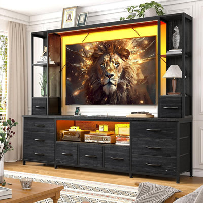Meuble télé 65 po pour salon, grand meuble audio-vidéo mural avec 11 tiroirs en tissu, meuble télé avec 2 lumières DEL et prises de courant, meuble télé pour chambre à coucher avec tablette de rangement, noir