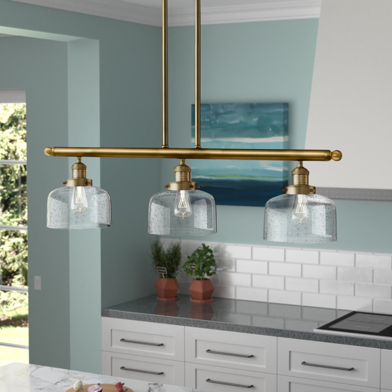 Bell - 3 Light 41" - Stem Hung Island Light, Brushed Brass, Seedy
