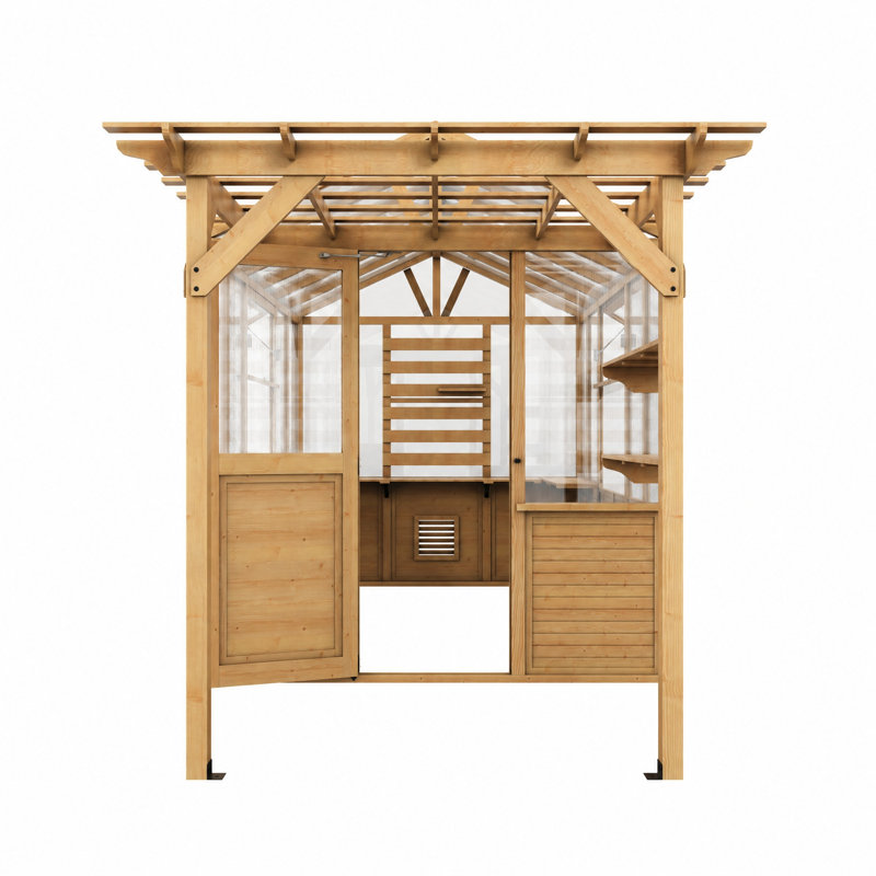 Serre de luxe en bois de cèdre avec pergola - maison de jardin extérieure de 15,8 pi avec panneaux en polycarbonate, ventilation automatique et postes de travail intégrés