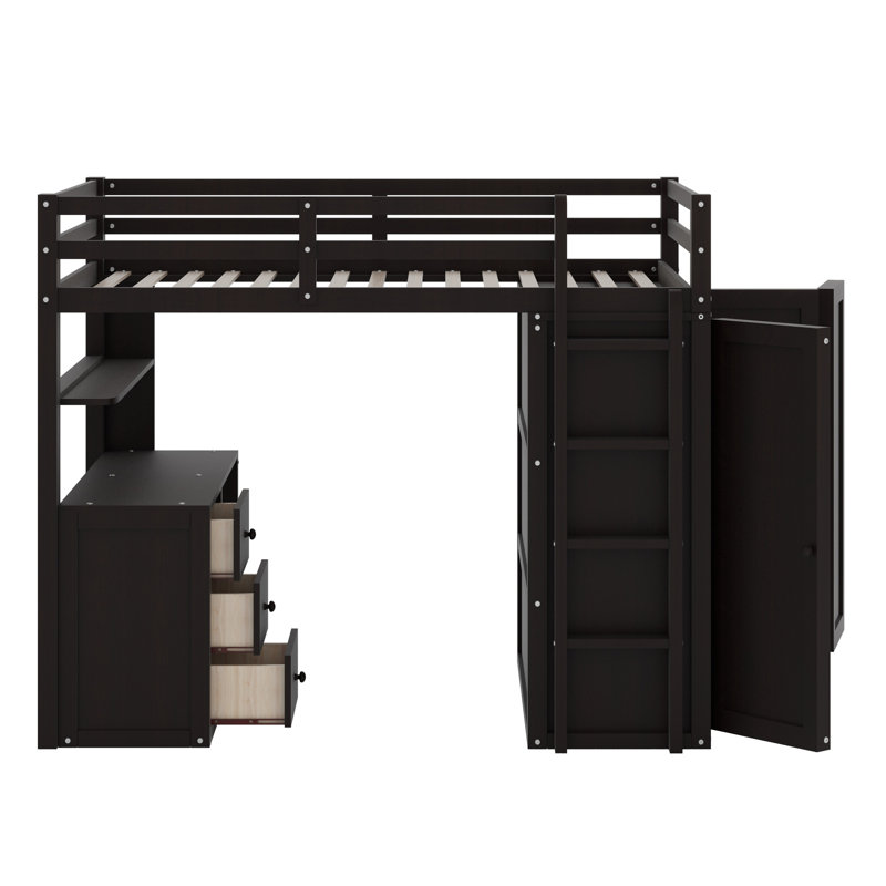 Lit mezzanine avec tiroirs, bureau et garde-robe, Espresso