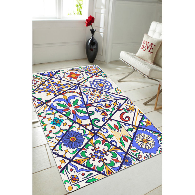 Shearer Floral Tiles White/Blue Rug, Rectangle 100 x 150cm