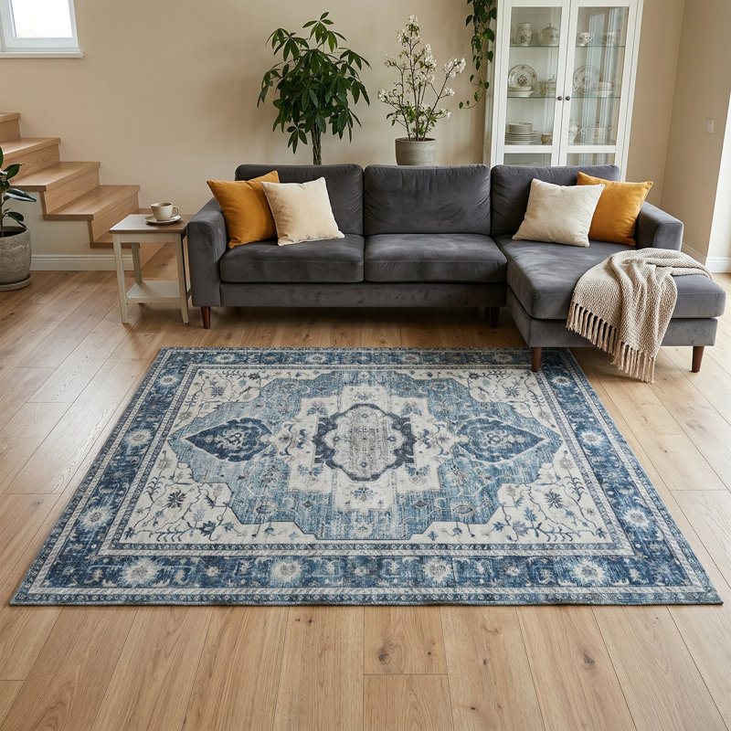 Tapis Boho Vintage Medallion, Bleu / Blanc / Gris, Rectangle 5 pi x 7 pi