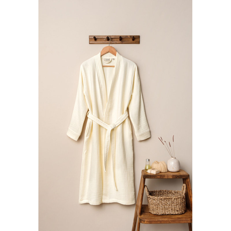 Peignoir 100% coton mi-mollet avec poches, P / M, Crème