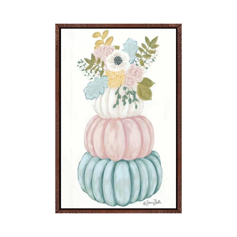 Floral Pumpkins by Sara Baker - Painting on Canvas, Classic Brown Wood Floater Framed, 66.04cm H x 45.72cm W x 3.81cm D