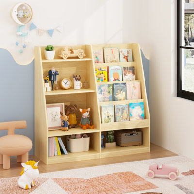 Kids Bookshelf Toy Storage Organizer, 2‑Sided Open Children Bookcase with Front‑Facing Book Racks & Multi Cubbies, Toddler Book Toy Storage Cabinet fo