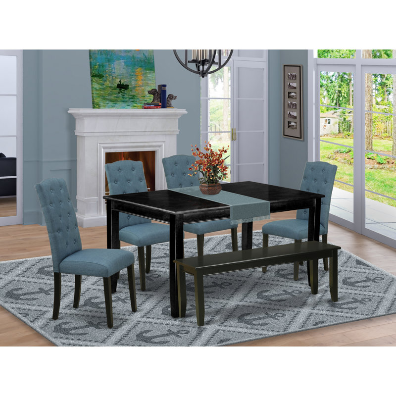 Ensemble de salle à manger 6 pièces comprenant une table de salle à manger rectangulaire et 4 chaises Parson en tissu bleu minéral et un banc, noir