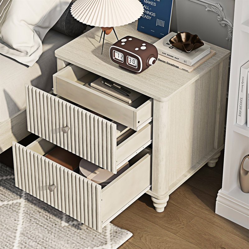 PTalia Nightstand with Fluted Top, 3 Drawers and Metal Handles, Set of 2, Beige