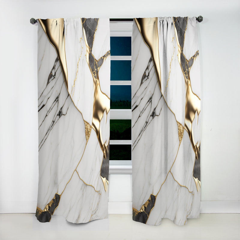 Abstract Geode Marble White And Gold I - Modern Velvet Curtain - Room Darkening - 1 panel, 52" W x 108" L