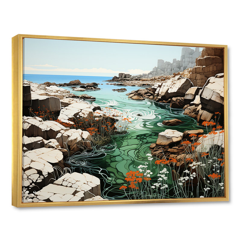 Paysage de plage sauvage II sur toile, Cadre flottant doré, H 16 po x l 32 po