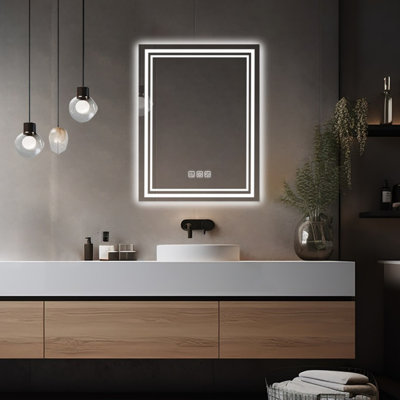 Miroir de salle de bain à DEL 36 po x 28 po, Hd 5 mm, 3 couleurs à intensité variable, 5 minutes, avant et rétroéclairé, Cri90 +, fonction mémoire avec miroir de meuble-lavabo 36 po x 28 po, arrière, option