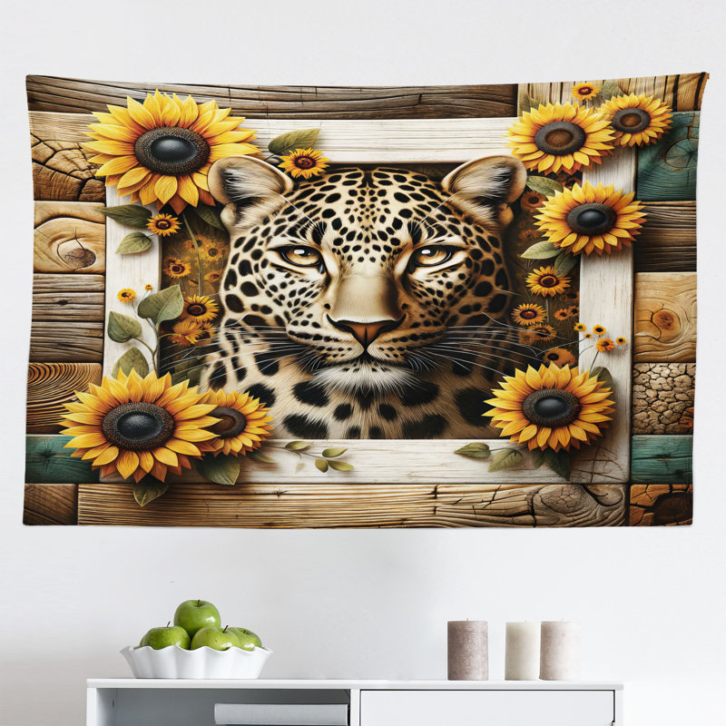 Winston Porter Leopard Wall Hanging Tapestry Farmhouse Sunflowers Rustic Earth Yellow and Caramel, H 30 po x l 45 po